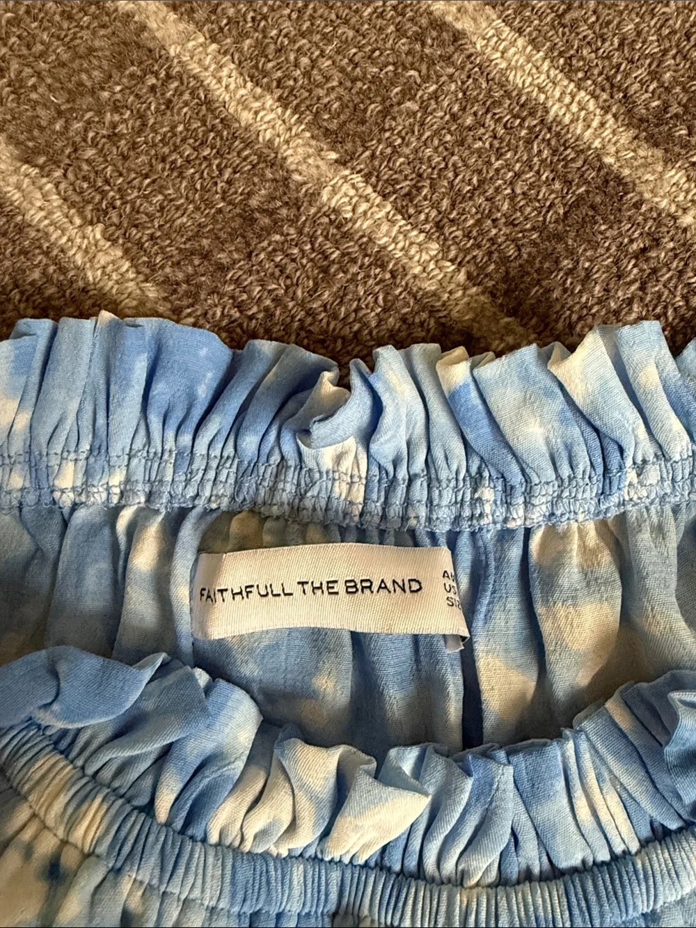 Faithfull the Brand Blue and White Smocked Off-Shoulder Blouse
